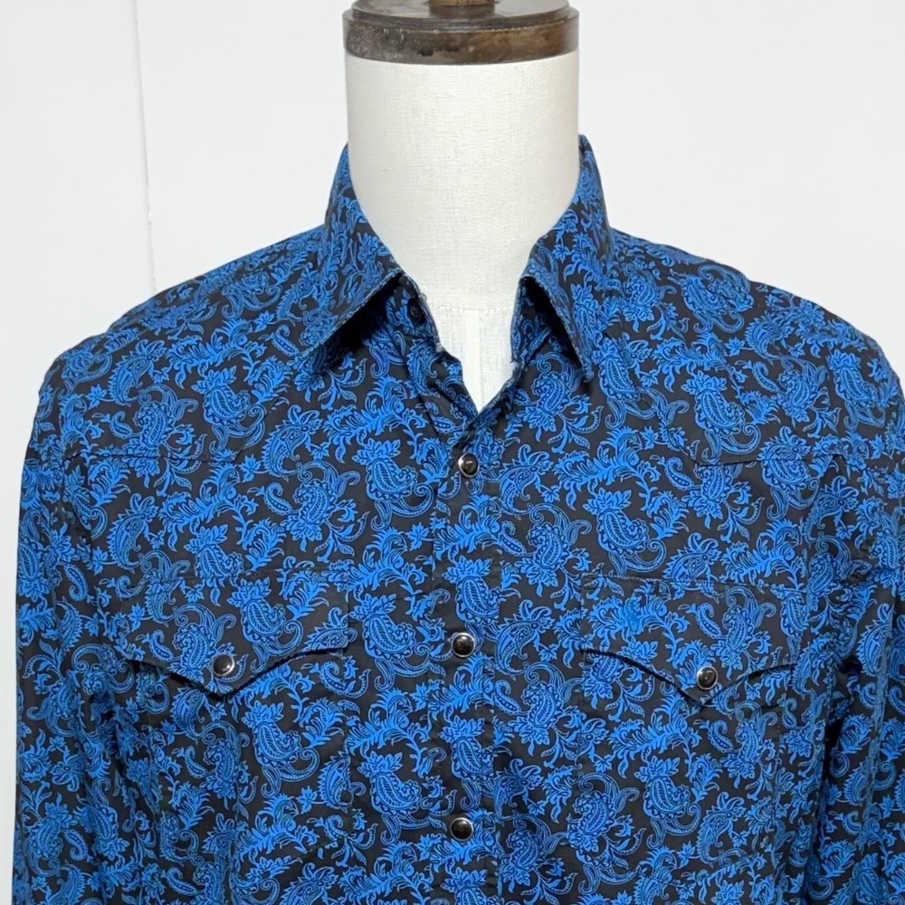 Rodeo Shirt Mens Large Blue Black Paisley Pearl Snap Western Cowboy Long Sleeve